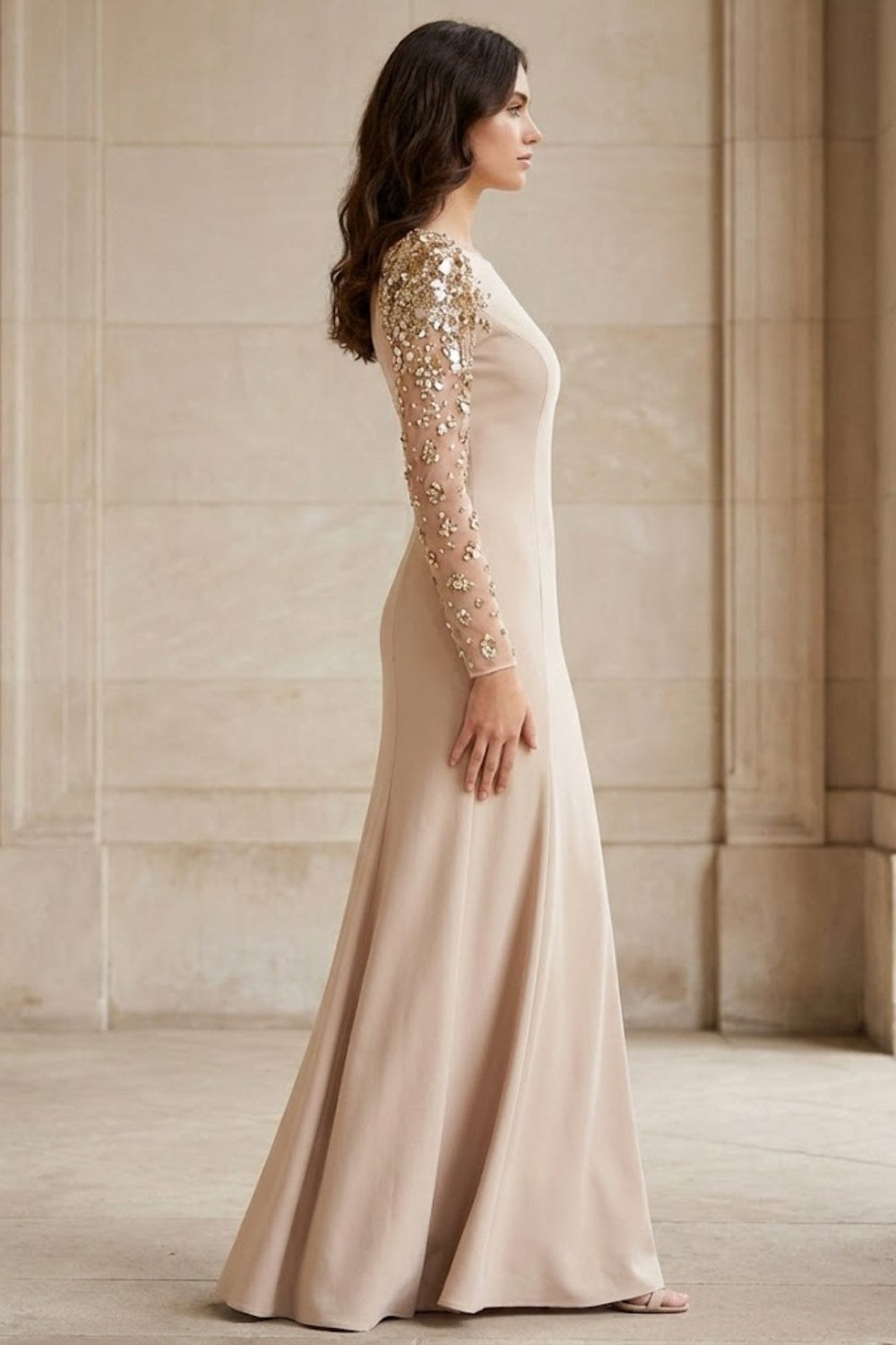 Dusty Pink A Line Scoop Long Formal Dress with Sequins