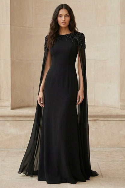 Black A Line Round Neck Long Formal Dress with Cape