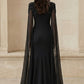 Black A Line Round Neck Long Formal Dress with Cape