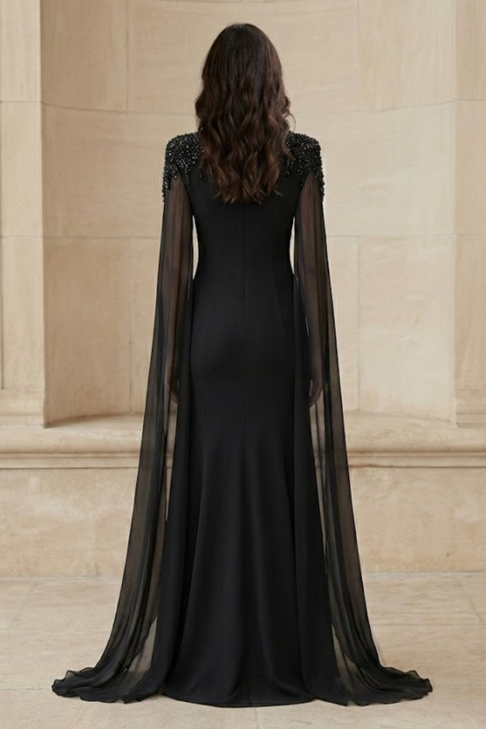 Black A Line Round Neck Long Formal Dress with Cape