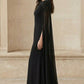 Black A Line Round Neck Long Formal Dress with Cape