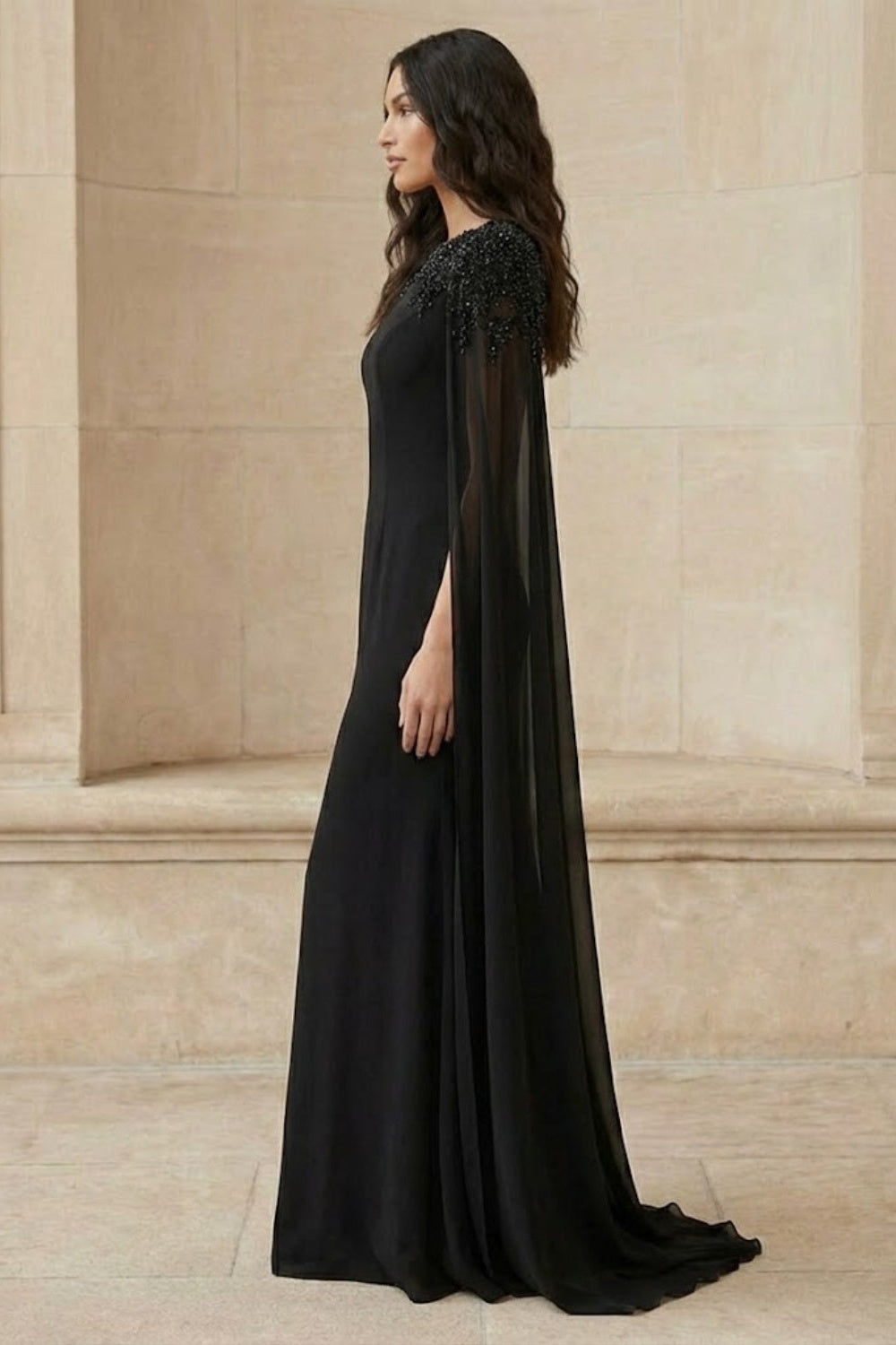 Black A Line Round Neck Long Formal Dress with Cape