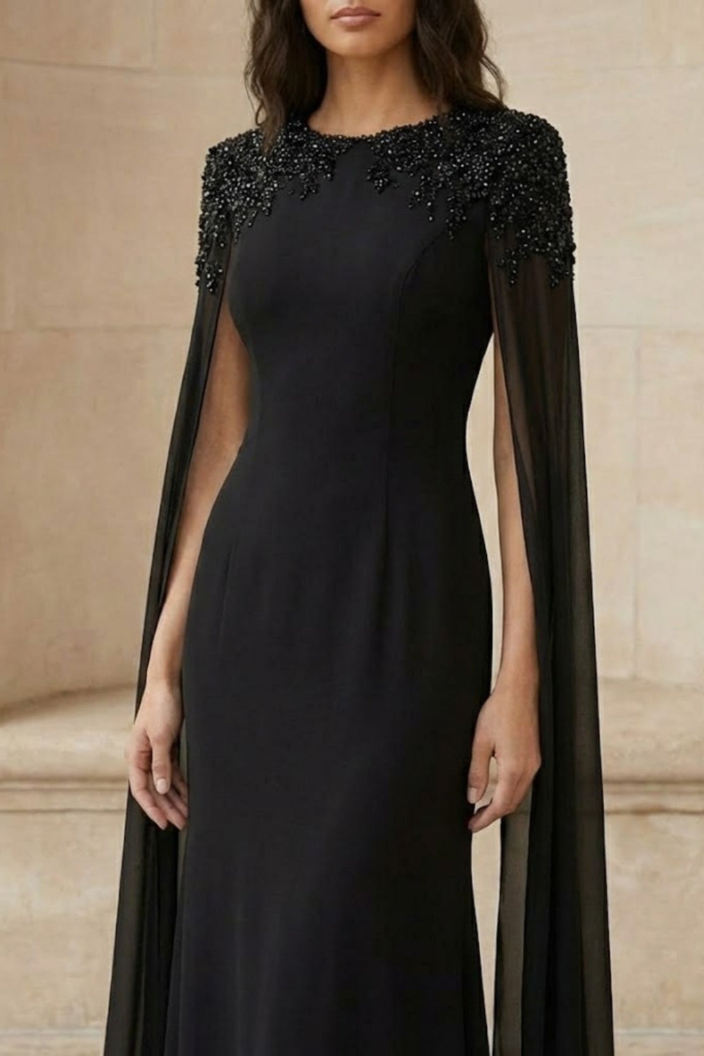 Black A Line Round Neck Long Formal Dress with Cape