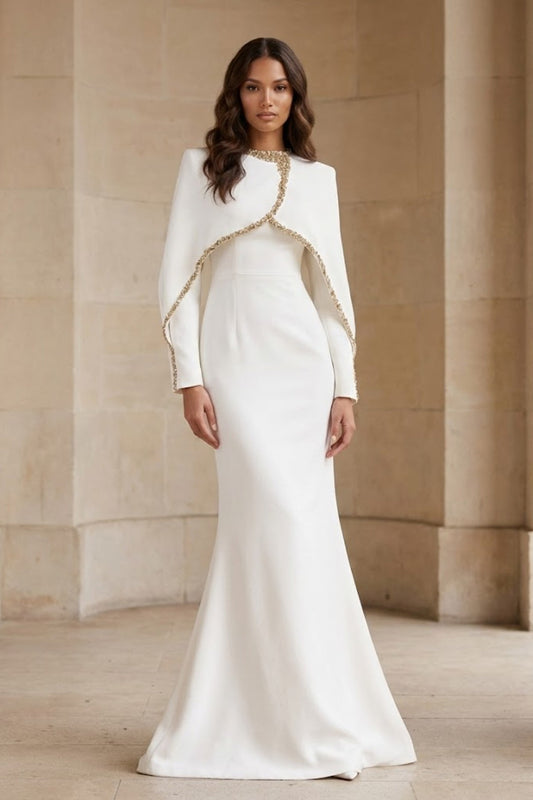 White Mermaid Round Neck Long Formal Dress with Cape