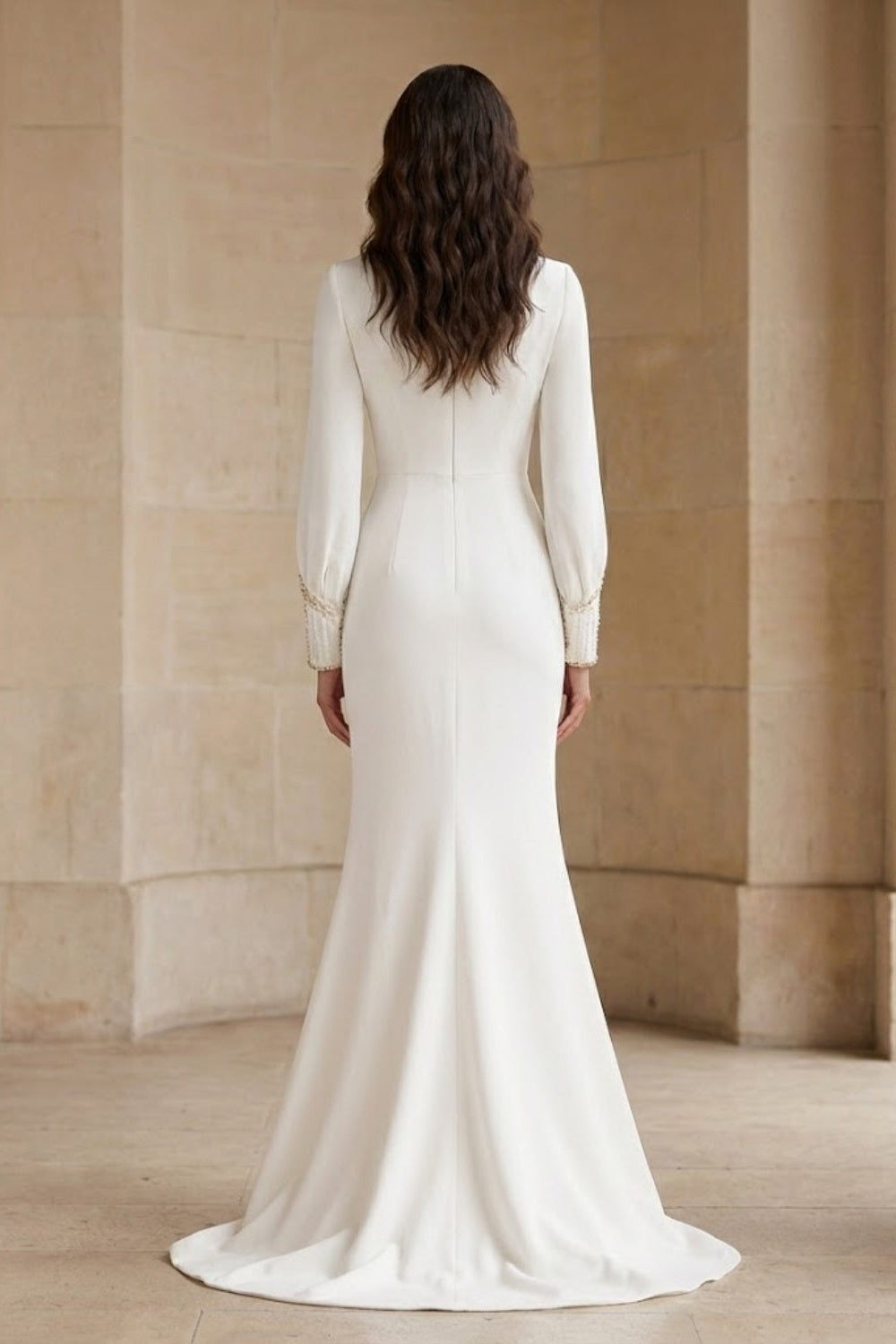 White Mermaid Round Neck Long Formal Dress with Cape