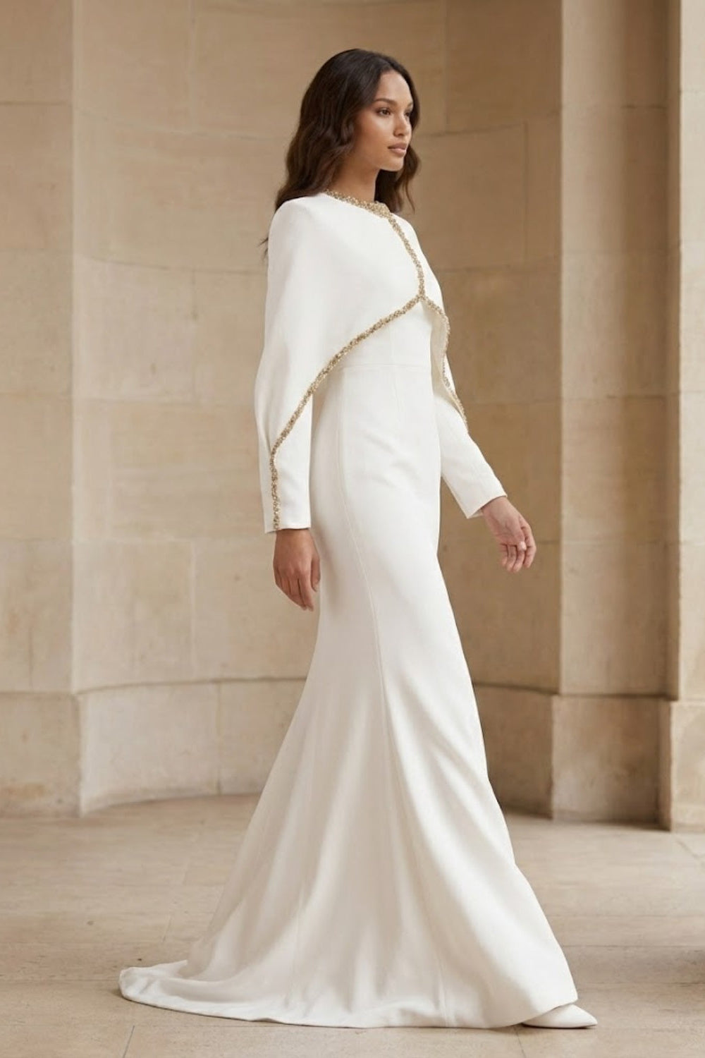 White Mermaid Round Neck Long Formal Dress with Cape