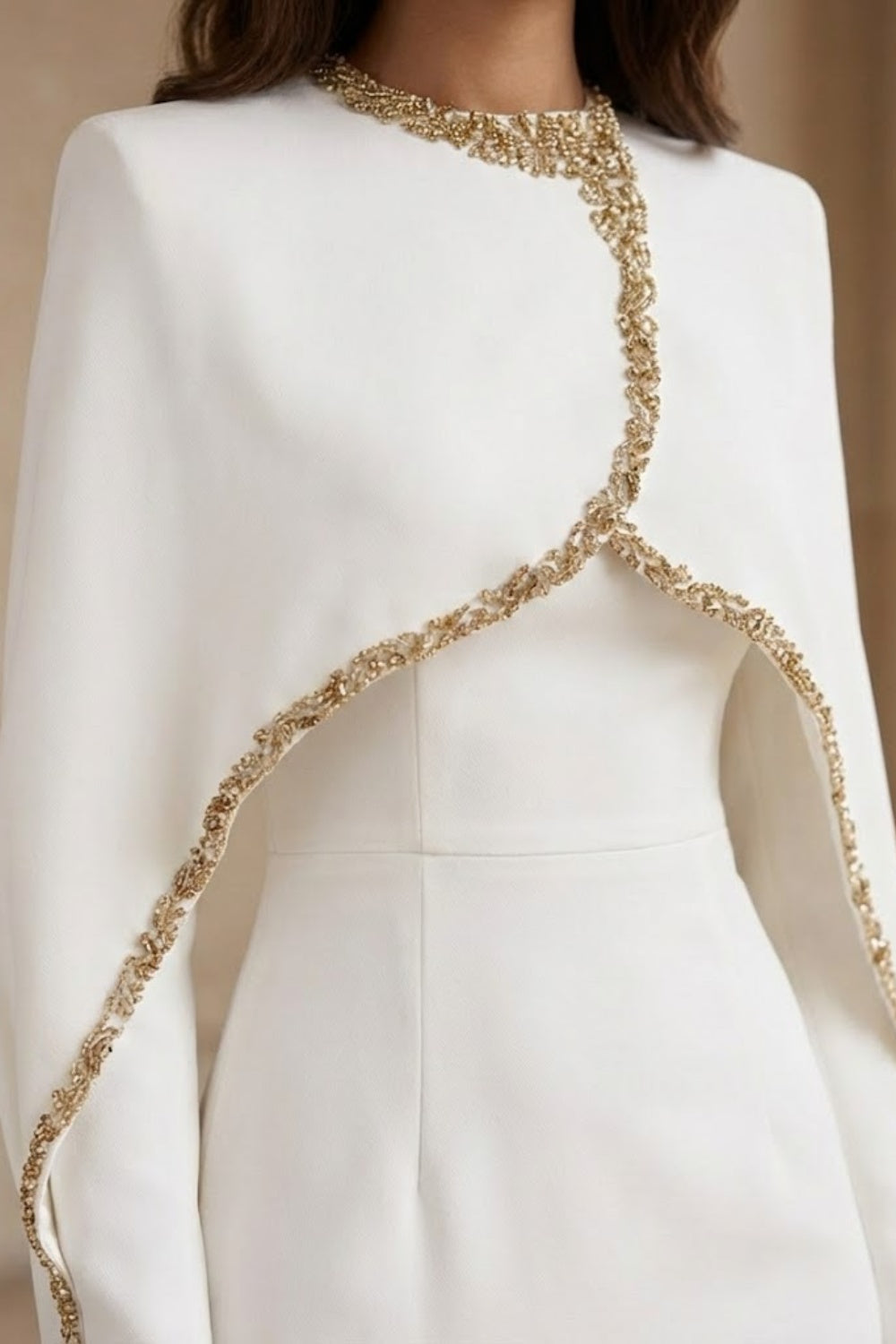 White Mermaid Round Neck Long Formal Dress with Cape