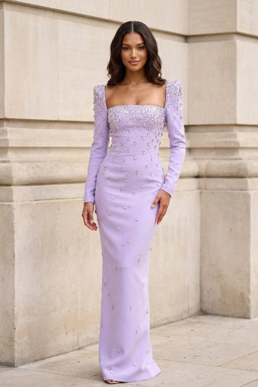 Purple Sheath Square Neck Long Formal Dress with Rhinestone