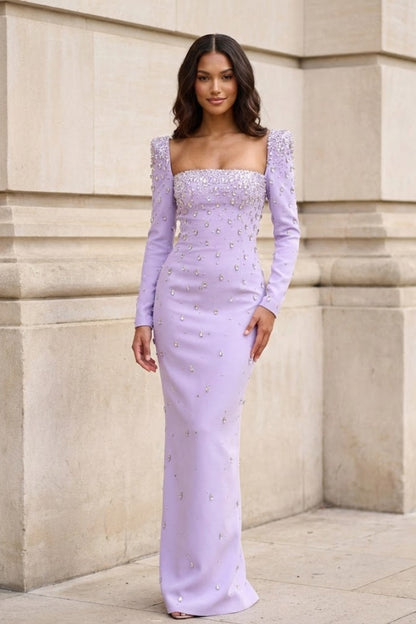 Purple Sheath Square Neck Long Formal Dress with Rhinestone