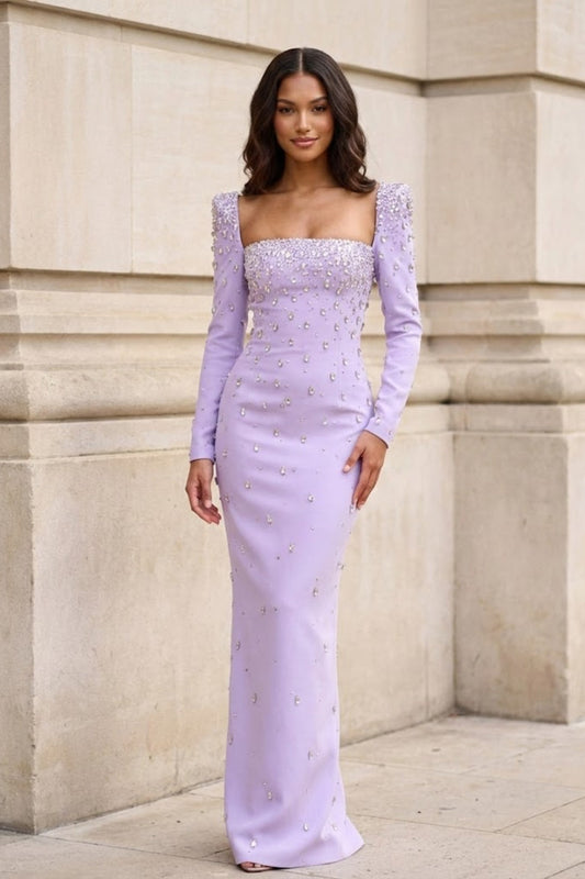 Purple Sheath Square Neck Long Formal Dress with Rhinestone