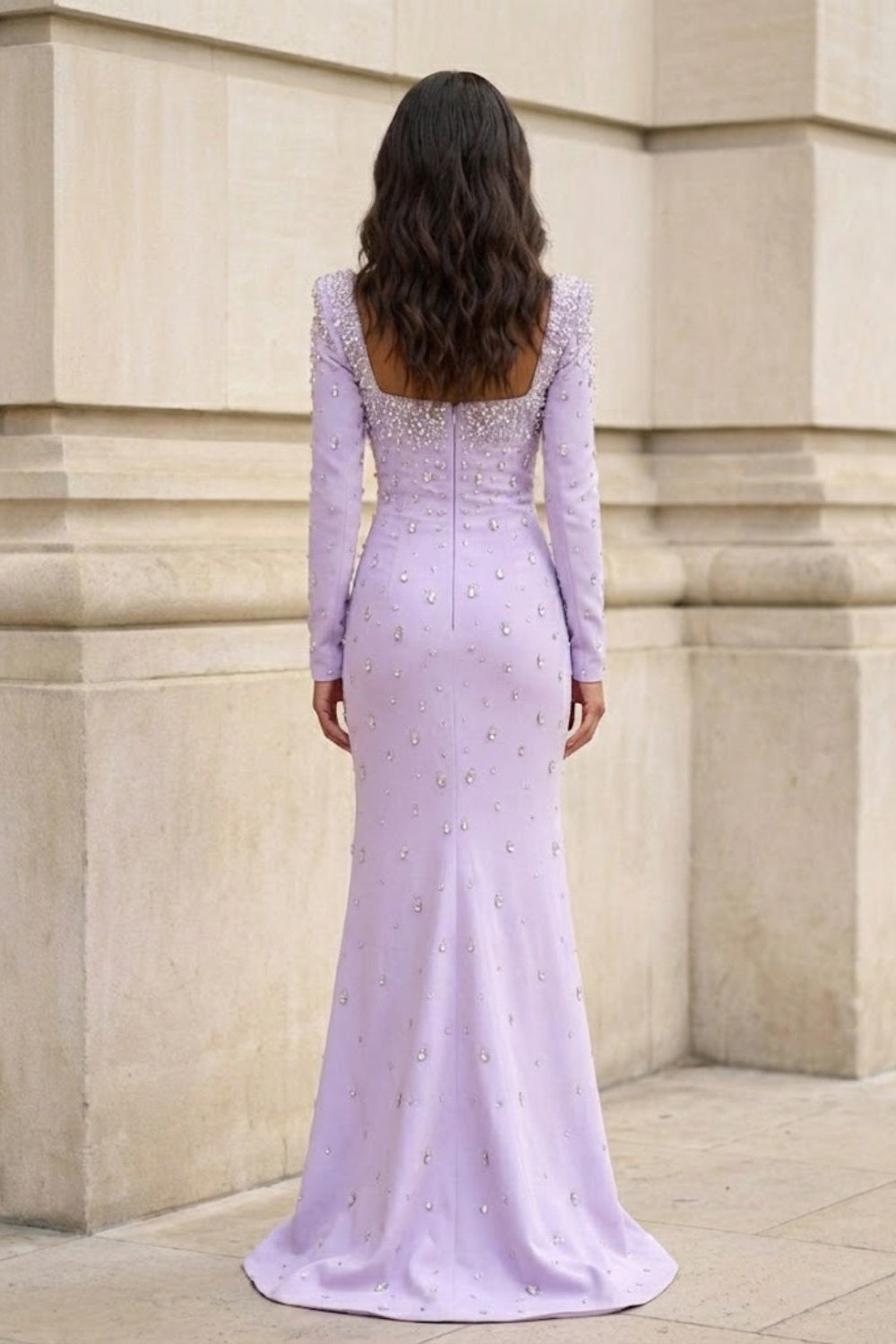 Purple Sheath Square Neck Long Formal Dress with Rhinestone