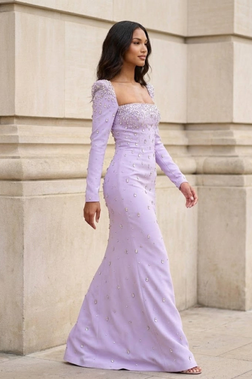 Purple Sheath Square Neck Long Formal Dress with Rhinestone