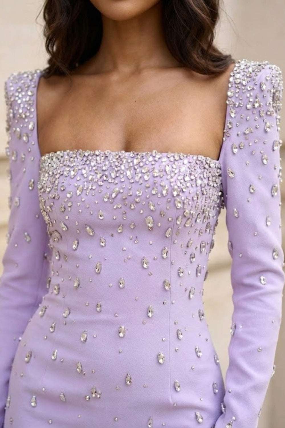 Purple Sheath Square Neck Long Formal Dress with Rhinestone