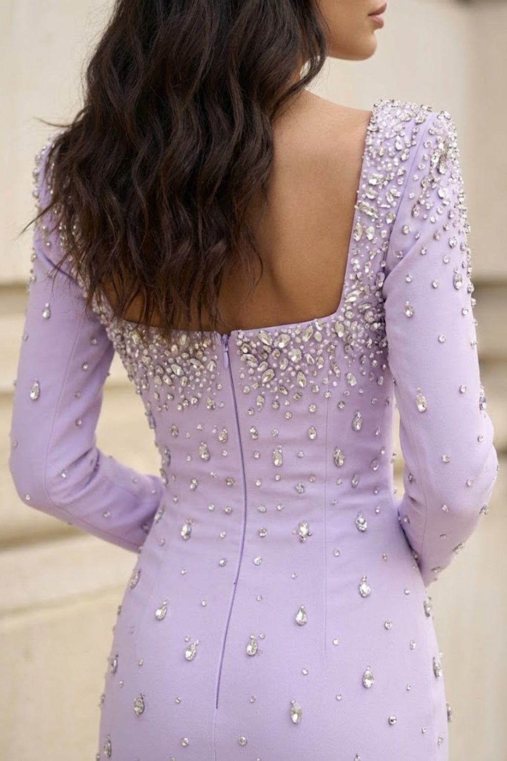 Purple Sheath Square Neck Long Formal Dress with Rhinestone