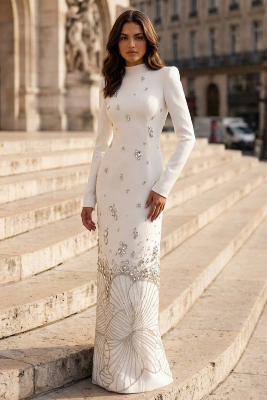 White Sheath High Neck Long Formal Dress with Rhinestone