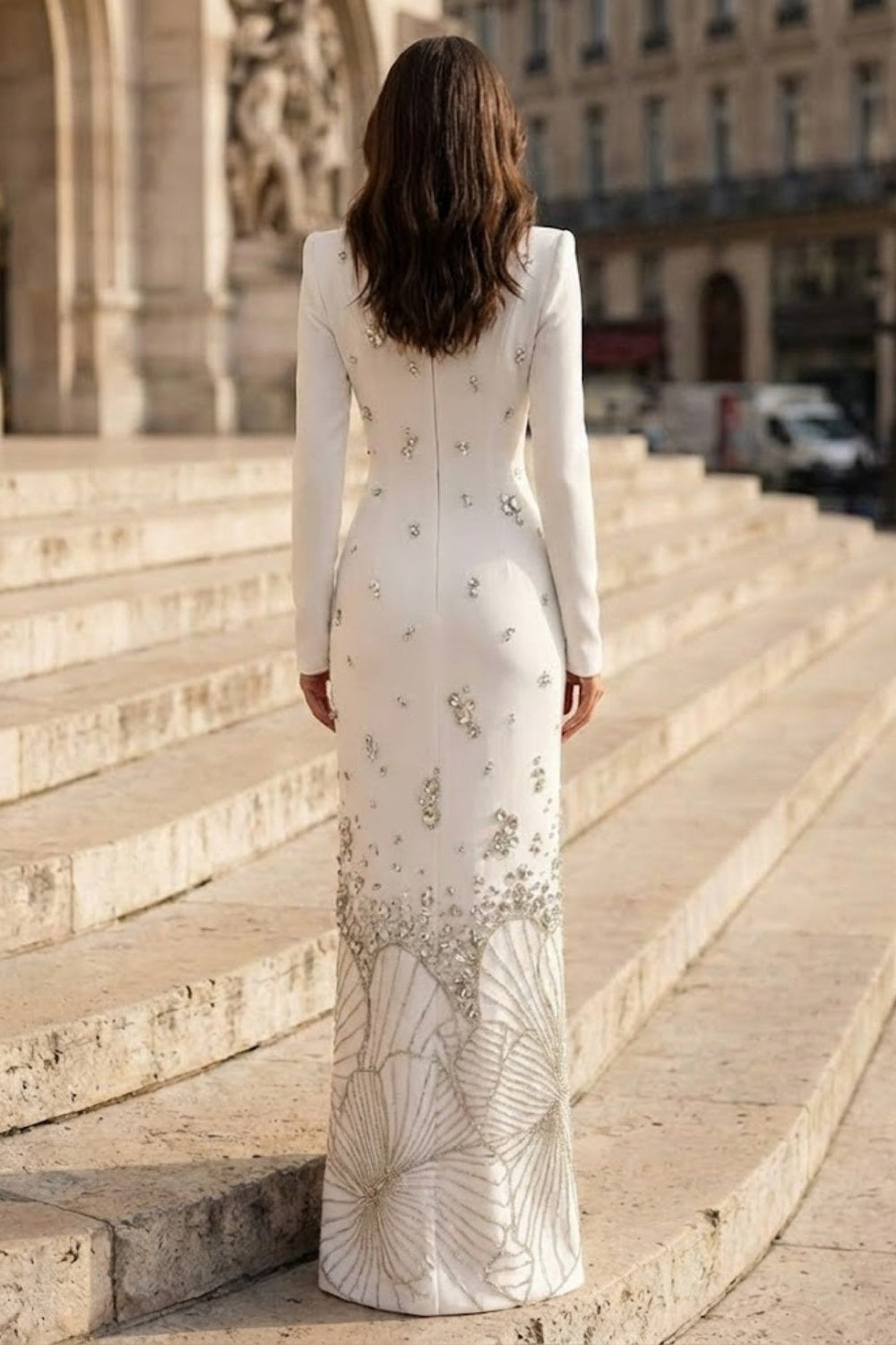 White Sheath High Neck Long Formal Dress with Rhinestone
