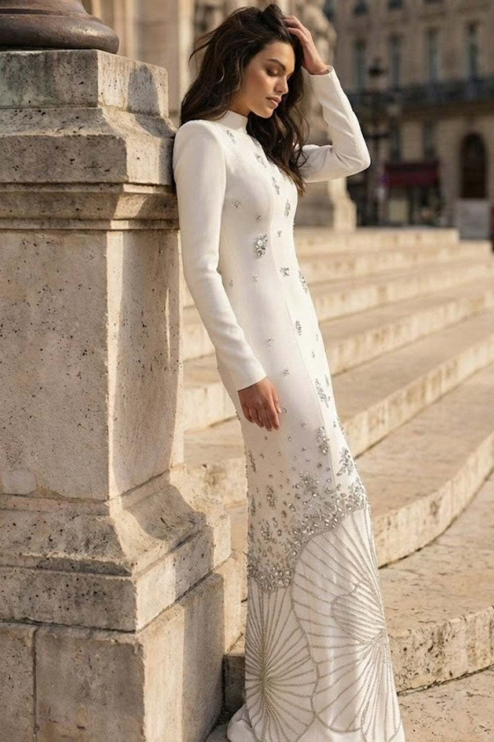 White Sheath High Neck Long Formal Dress with Rhinestone