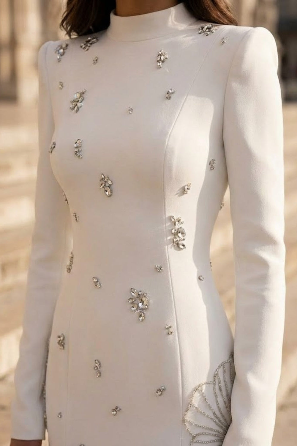 White Sheath High Neck Long Formal Dress with Rhinestone