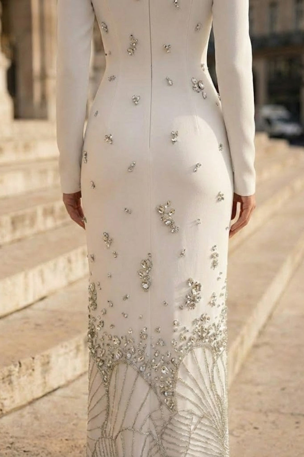 White Sheath High Neck Long Formal Dress with Rhinestone