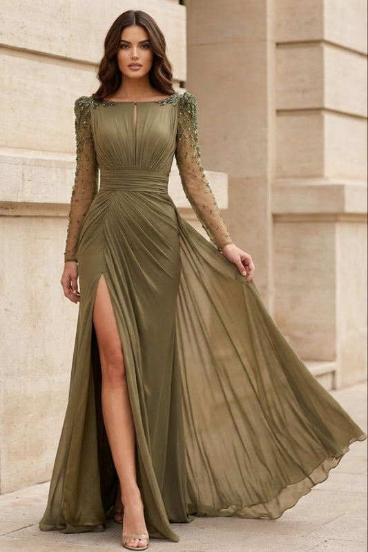Olive Sheath Bateau Long Sleeves Formal Dress with Slit