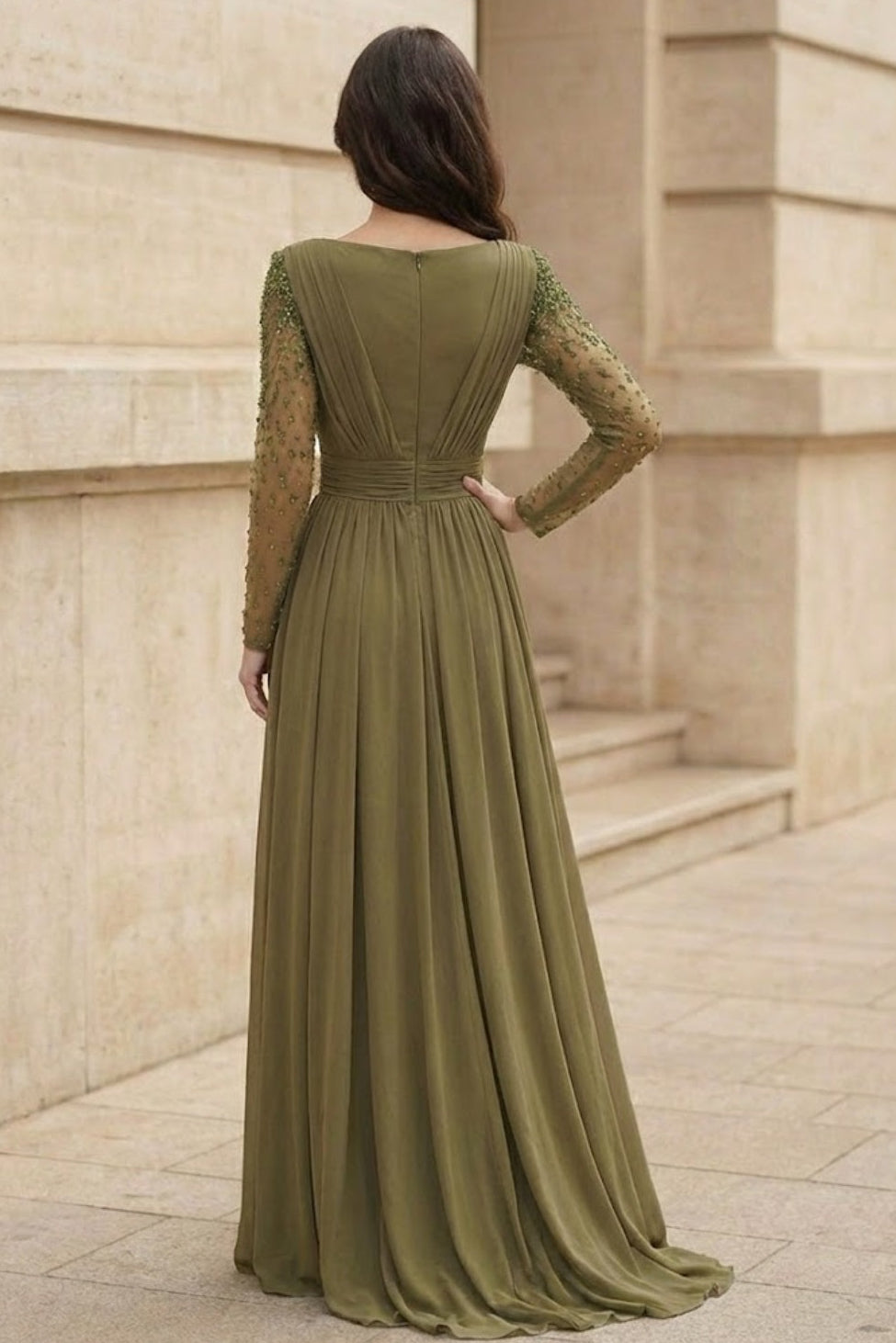 Olive Sheath Bateau Long Sleeves Formal Dress with Slit