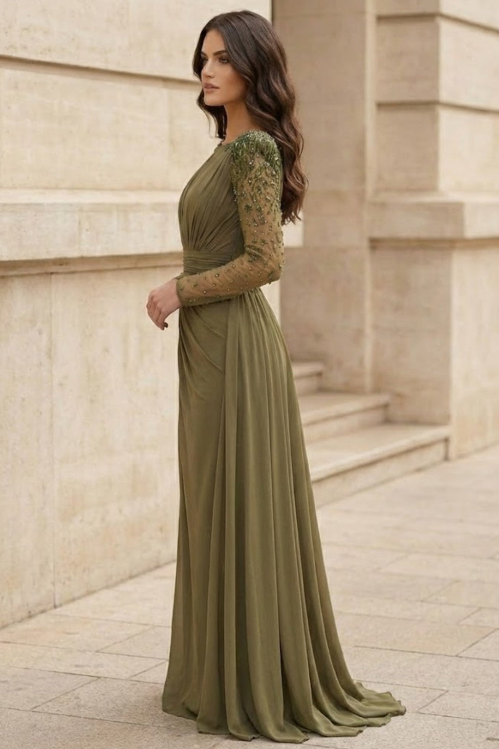 Olive Sheath Bateau Long Sleeves Formal Dress with Slit