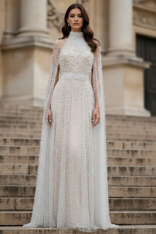 Ivory A-Line High Neck Long Formal Dress