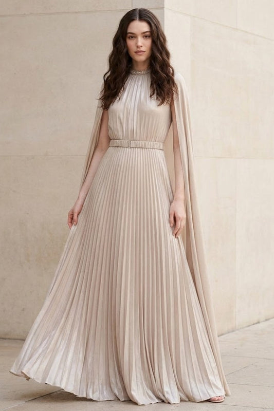 Champagne A Line High Neck Long Formal Dress With Cape