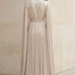 Champagne A Line High Neck Long Formal Dress With Cape