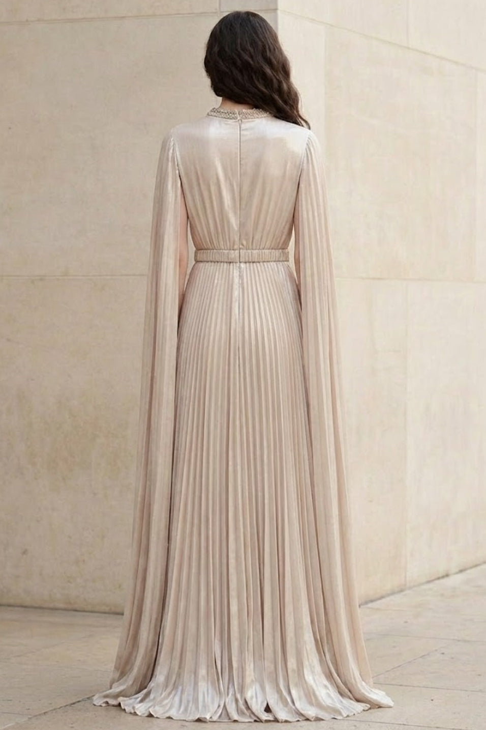 Champagne A Line High Neck Long Formal Dress With Cape
