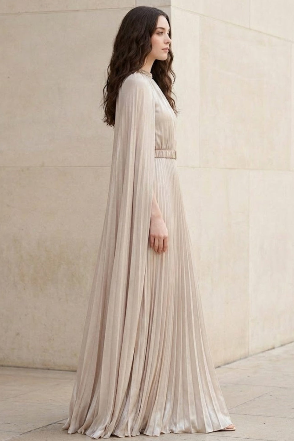 Champagne A Line High Neck Long Formal Dress With Cape
