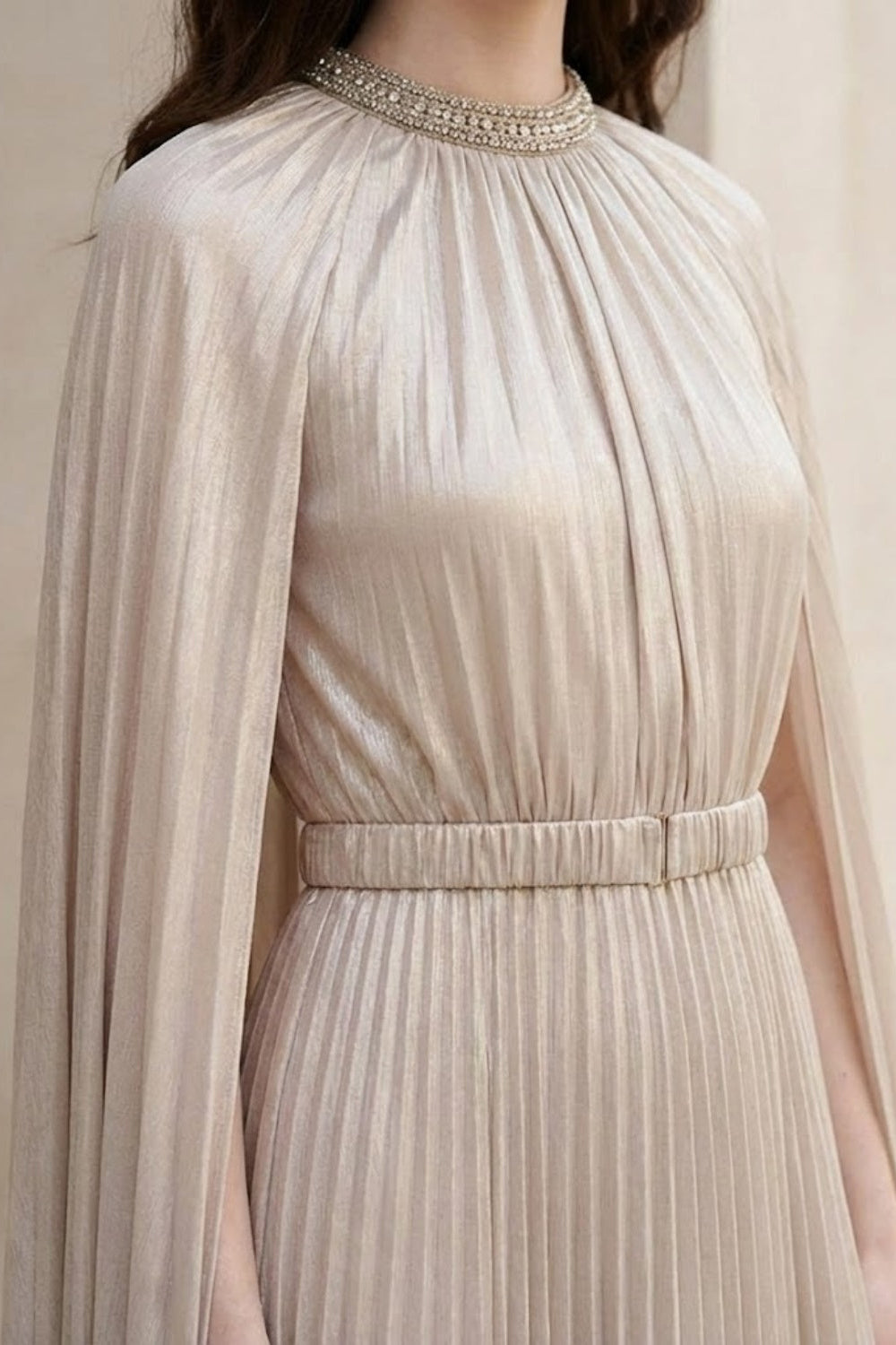 Champagne A Line High Neck Long Formal Dress With Cape