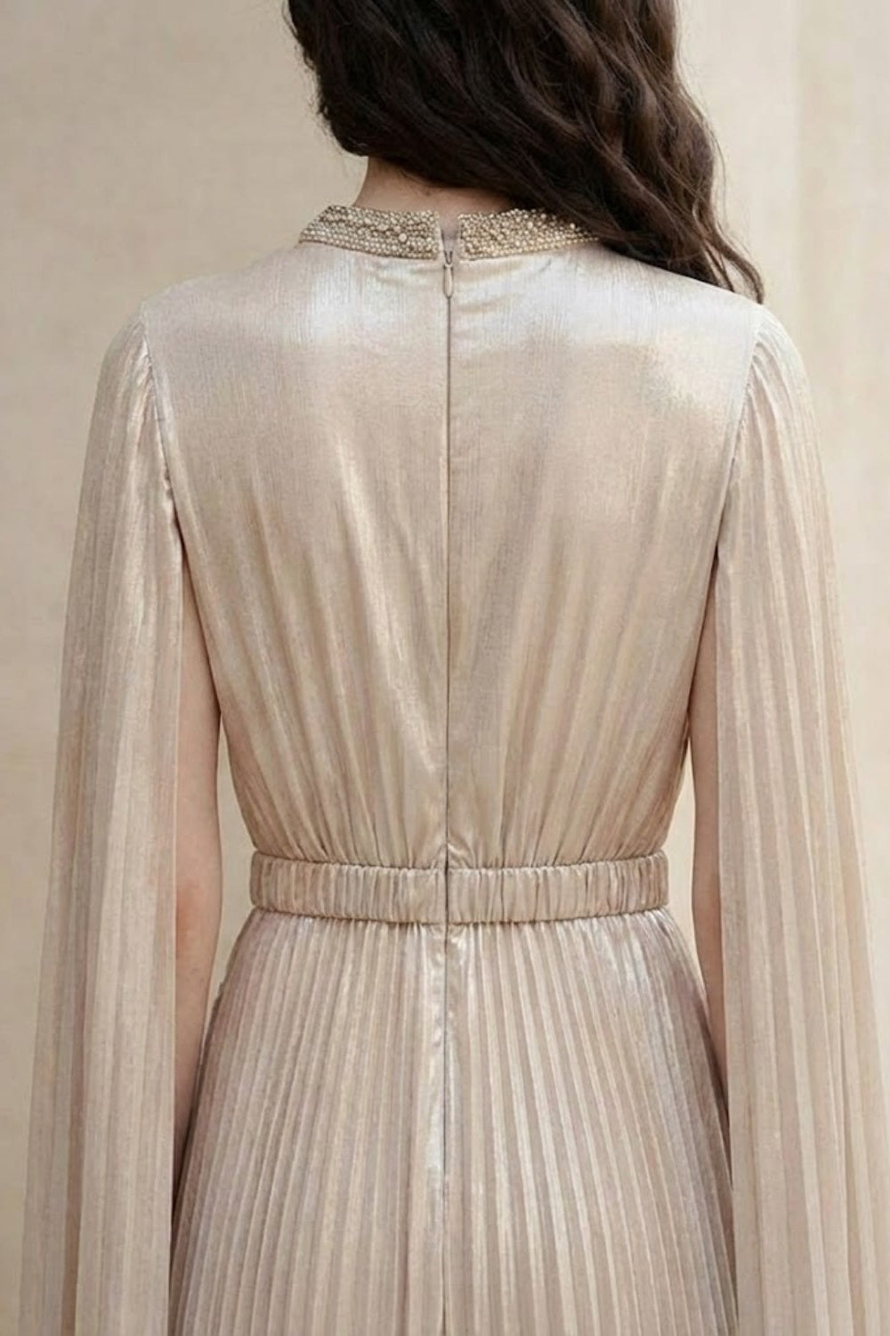Champagne A Line High Neck Long Formal Dress With Cape
