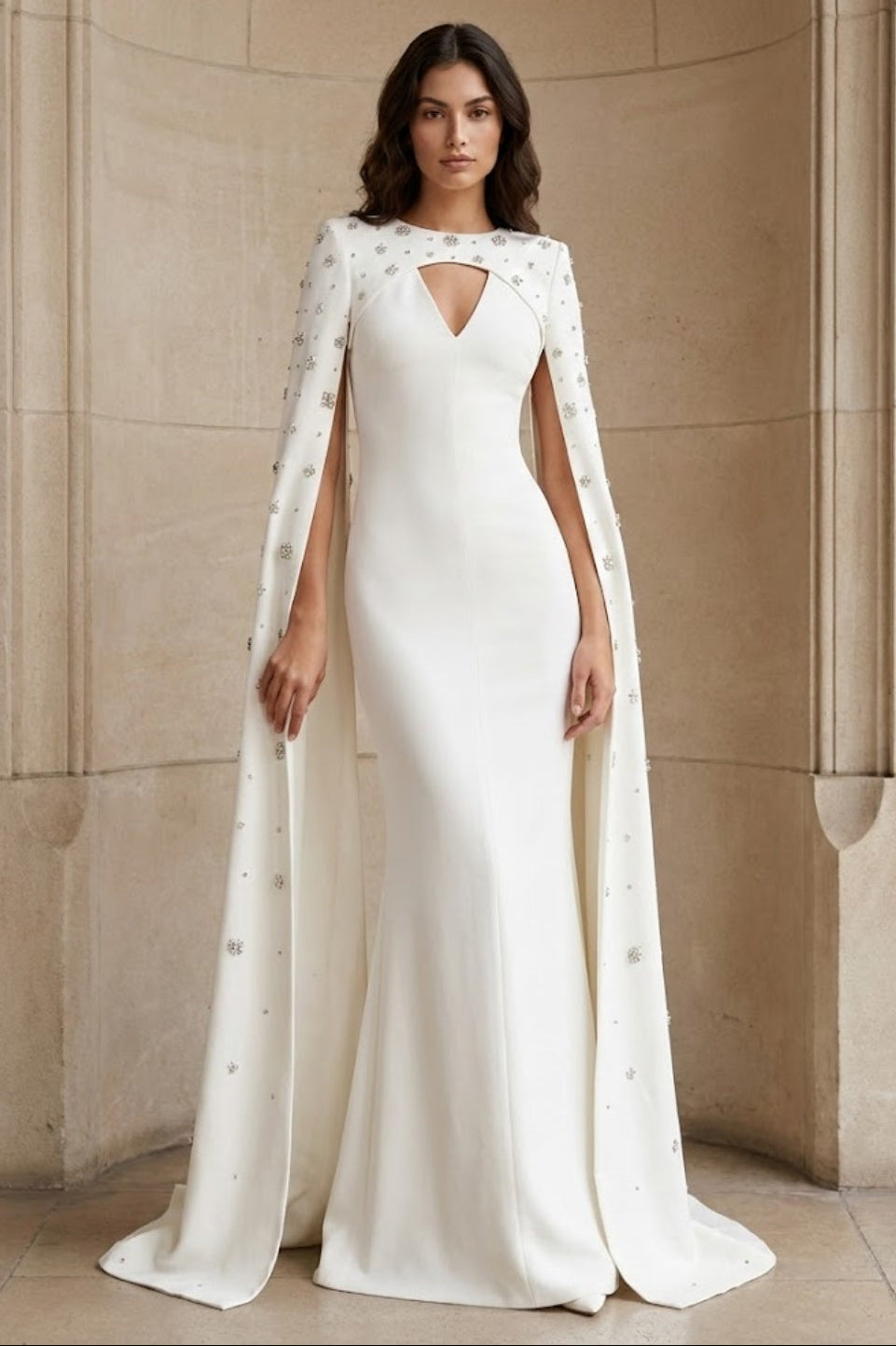 White Mermaid Bateau Long Beaded Formal Dress with Cape