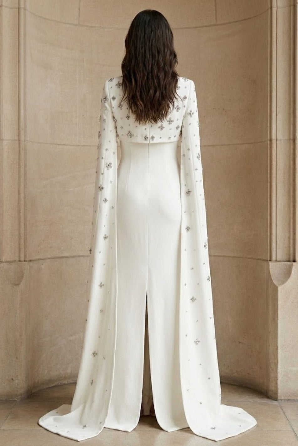 White Mermaid Bateau Long Beaded Formal Dress with Cape