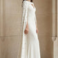 White Mermaid Bateau Long Beaded Formal Dress with Cape