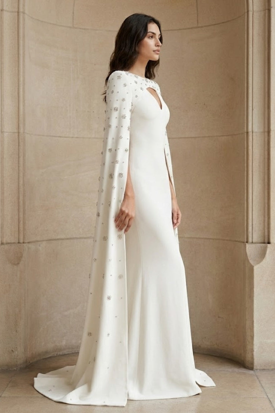White Mermaid Bateau Long Beaded Formal Dress with Cape