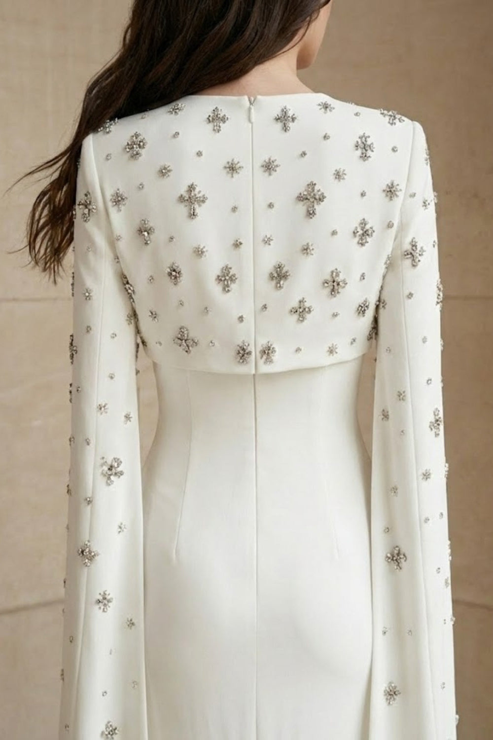 White Mermaid Bateau Long Beaded Formal Dress with Cape