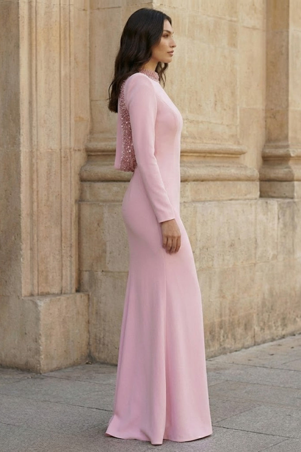 Pink Mermaid Bateau Long Backless Formal Dress