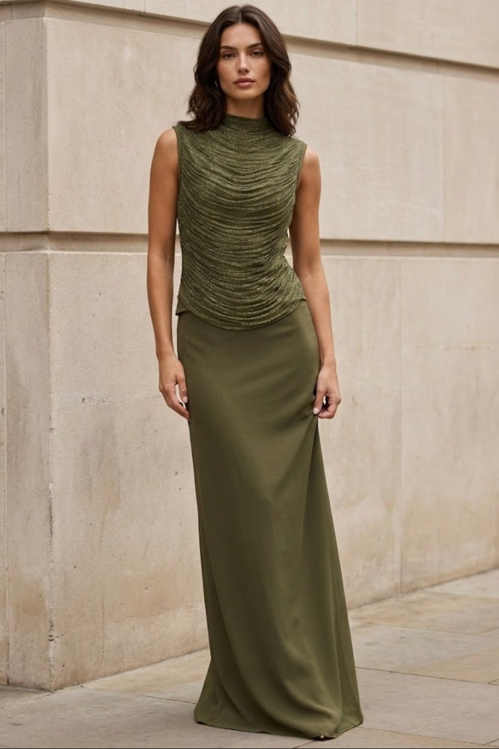 2 Piece Olive Sheath Round Neck Ruched Maxi Formal Dress
