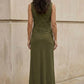 2 Piece Olive Sheath Round Neck Ruched Maxi Formal Dress