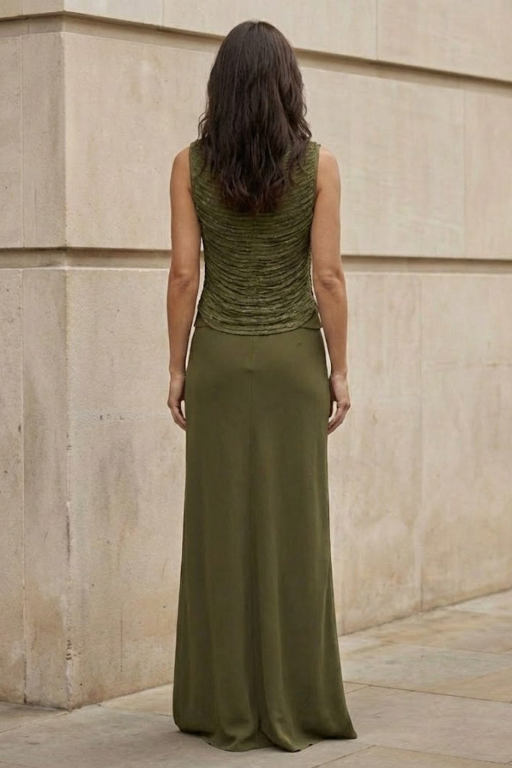 2 Piece Olive Sheath Round Neck Ruched Maxi Formal Dress