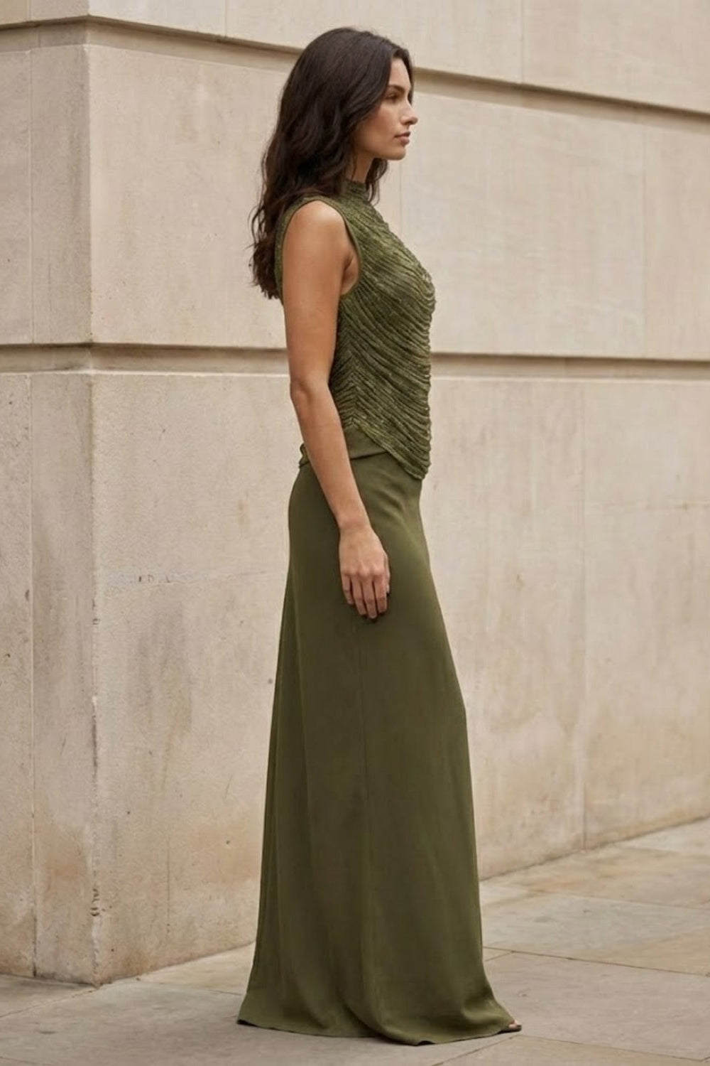 2 Piece Olive Sheath Round Neck Ruched Maxi Formal Dress