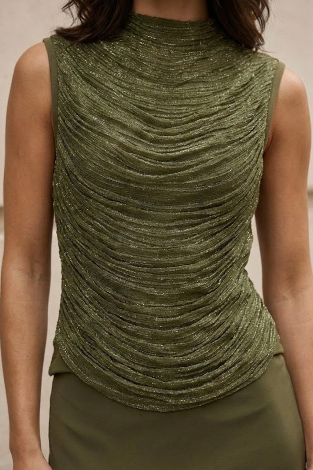 2 Piece Olive Sheath Round Neck Ruched Maxi Formal Dress