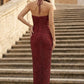 Burgundy Sheath Halter Long Ruched Formal Dress