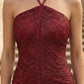 Burgundy Sheath Halter Long Ruched Formal Dress