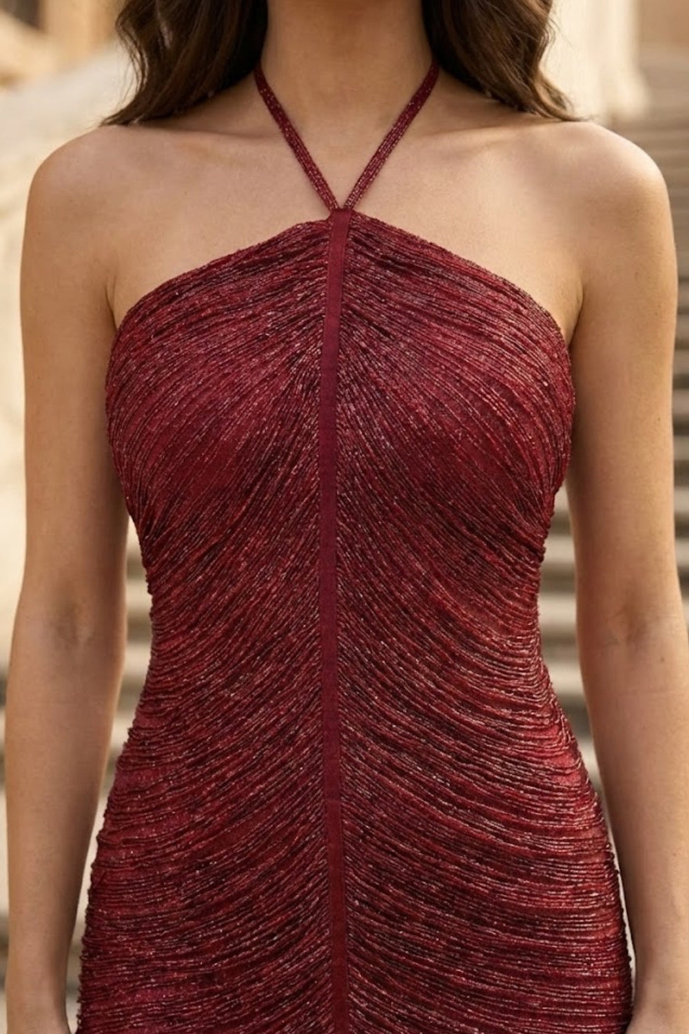Burgundy Sheath Halter Long Ruched Formal Dress