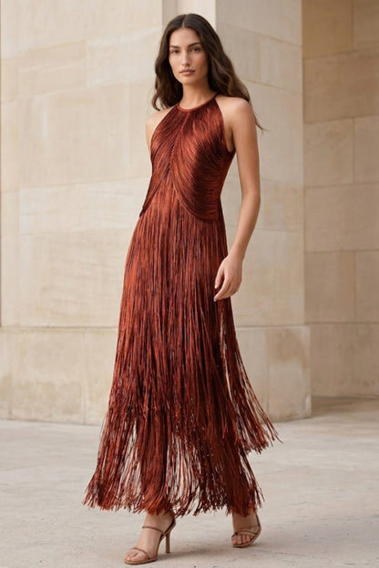 Copper Sheath Halter Ankle-Length Formal Dress with Fringes