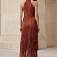 Copper Sheath Halter Ankle-Length Formal Dress with Fringes