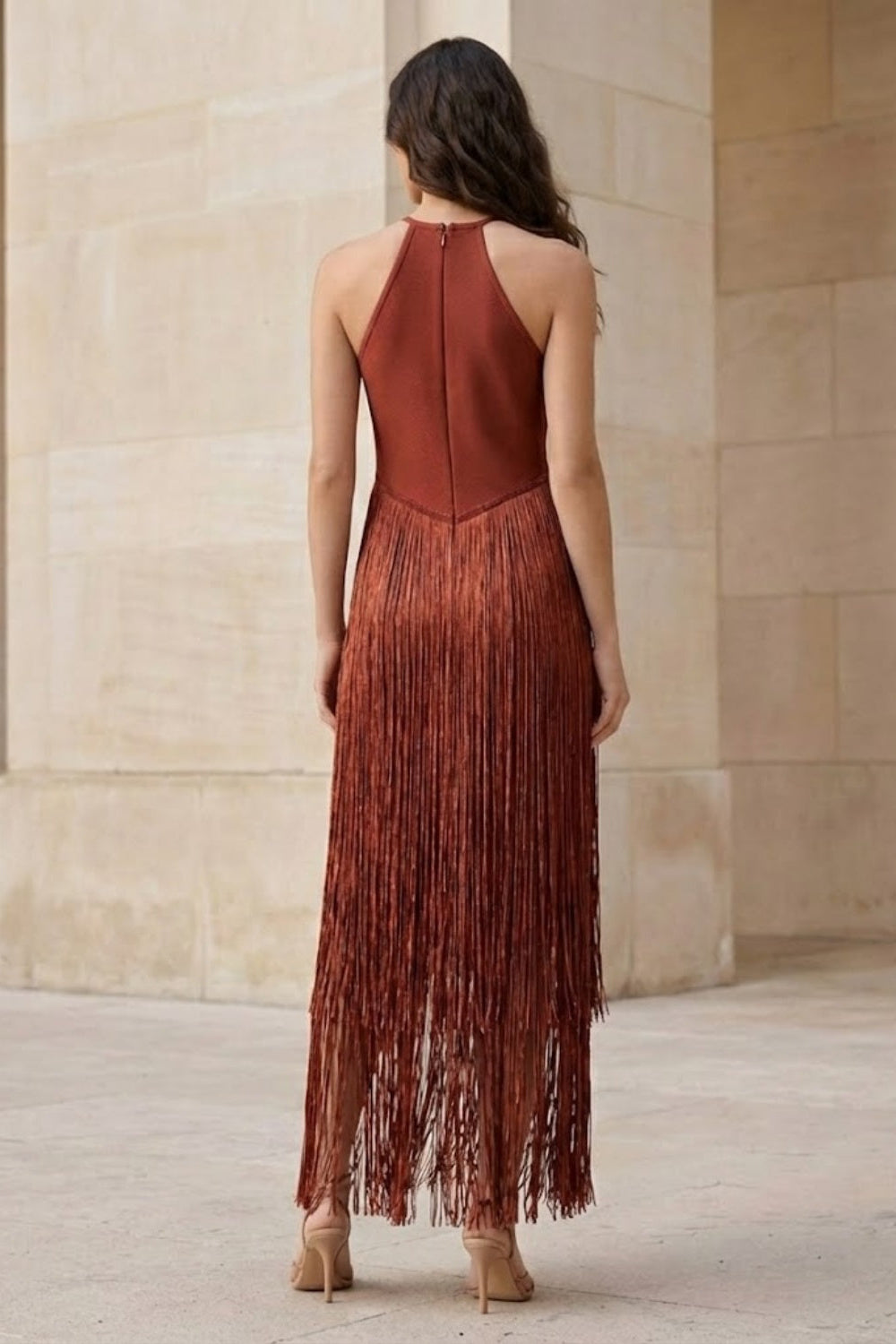 Copper Sheath Halter Ankle-Length Formal Dress with Fringes